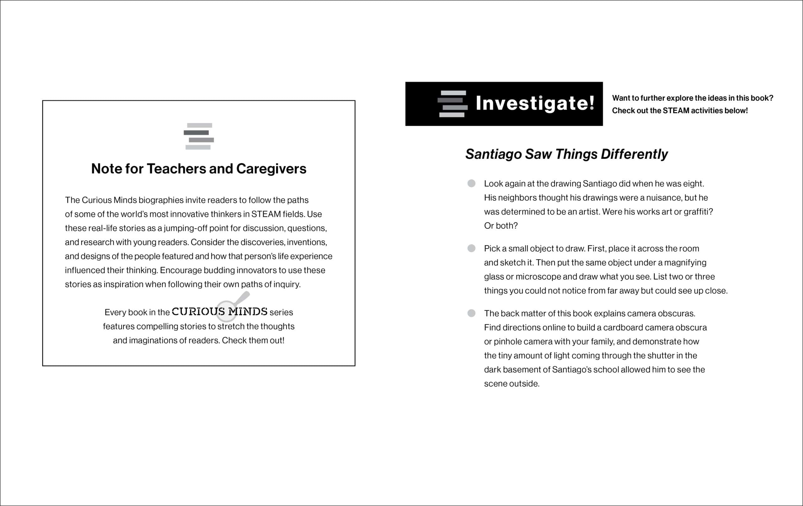 Inside cover for CURIOUS MINDS edition of SANTIAGO SAW THINGS DIFFERENTLY